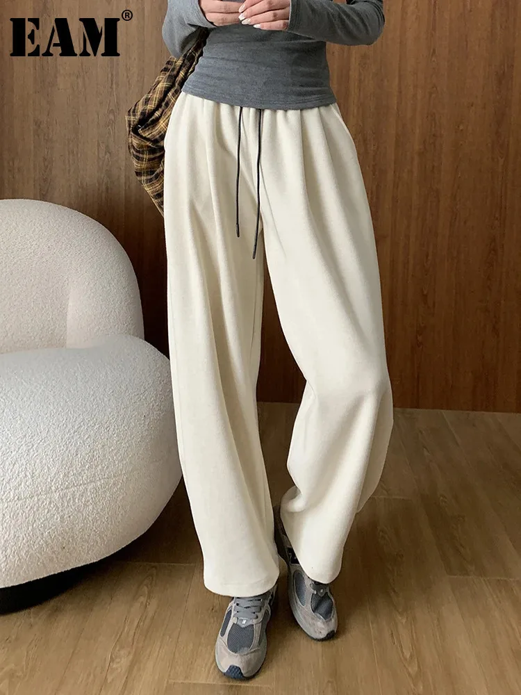 [EAM] High Elastic Waist Beige Thick Long Casual Wide Leg Pants New Trousers Women Fashion Tide Spring Autumn 2024 1DH6743