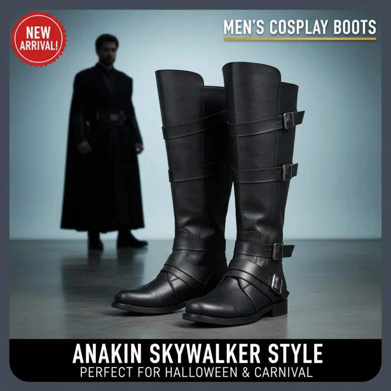 

☎UWAWA Men's Anakin Skywalker Cosplay Boots, Black Leather Long Boots for Halloween Carnival Party☎