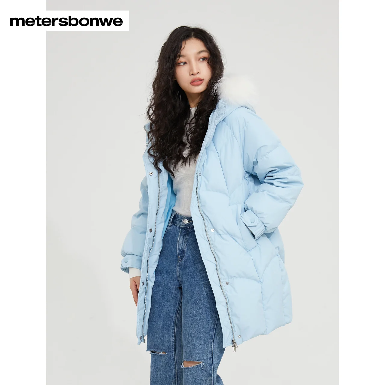 Metersbonwe-Chaqueta de plumón con capucha de longitud media para mujer, ropa gruesa y cálida, plumón de pato 80%, cuello de pelo de Marta,
