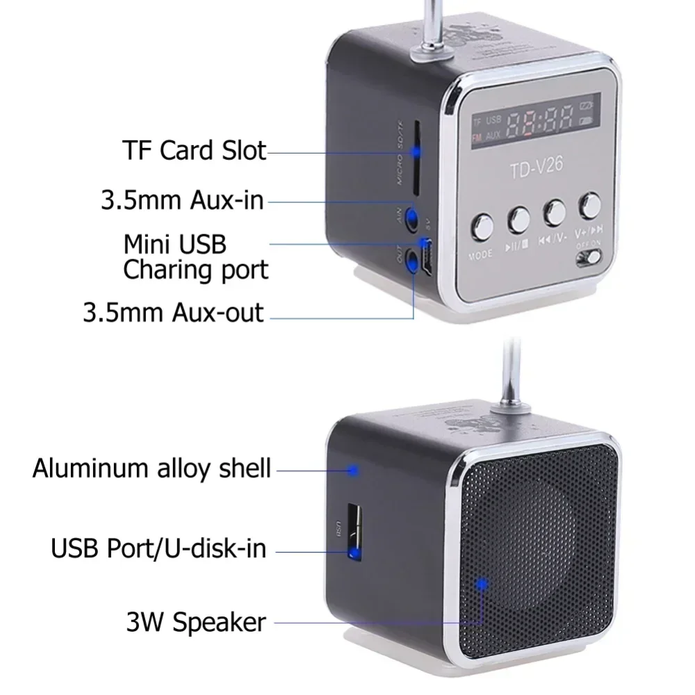 TD-V26ลำโพงลำโพงเสียงเบสแบบพกพาขนาดเล็กลำโพงบลูทูธบัตร TF วิทยุ FM เครื่องเล่นเพลงสเตอริโอ