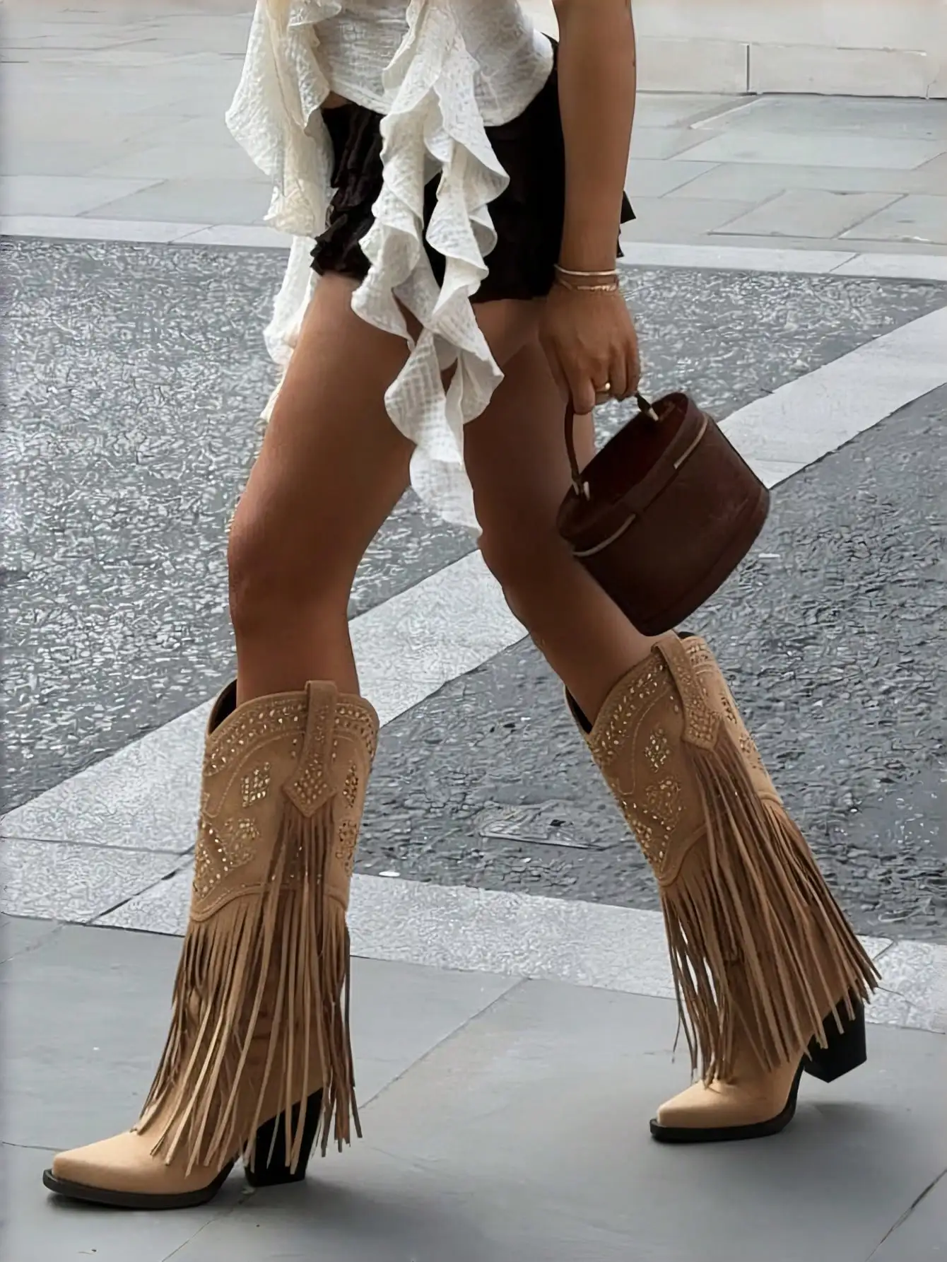 Knee High Boots For Women Rhinestone Fringe Pointed Toe Chunky Heel Western Boot Cowgirl Cowboy Boots Pull On Retro Concert Festival Statement Boots