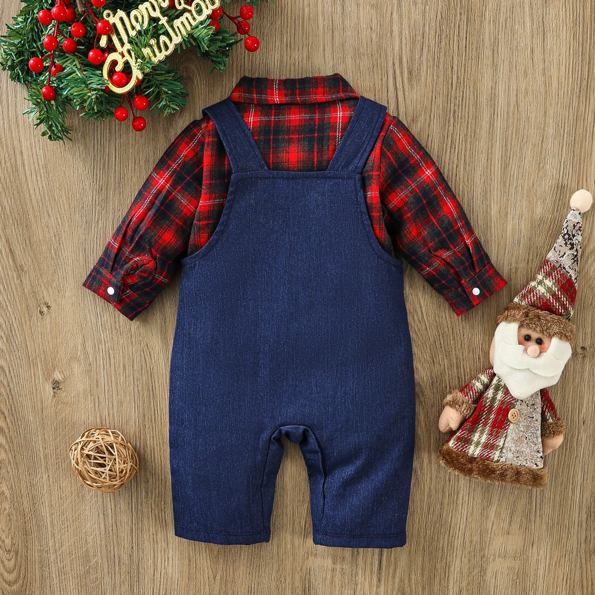 2-piece baby boy plaid shirt and denim overalls set