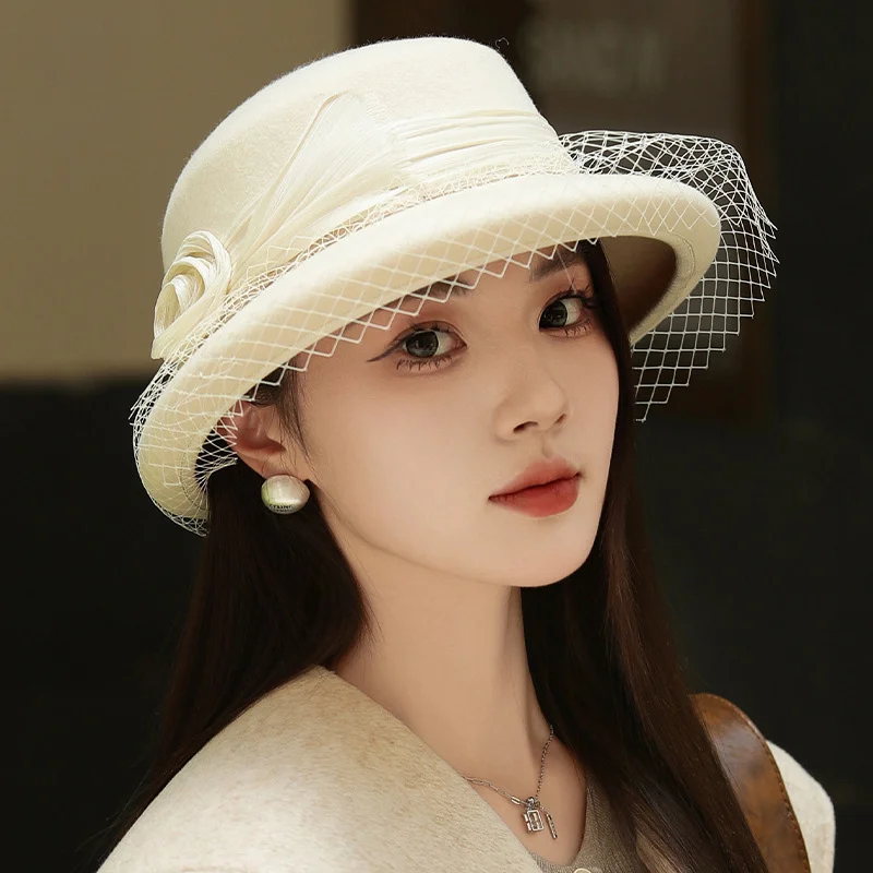 

Wool fishermen hat for women brunch hat elegant Top hat women's autumn and winter silk linen wool French Hepburn basin hat l