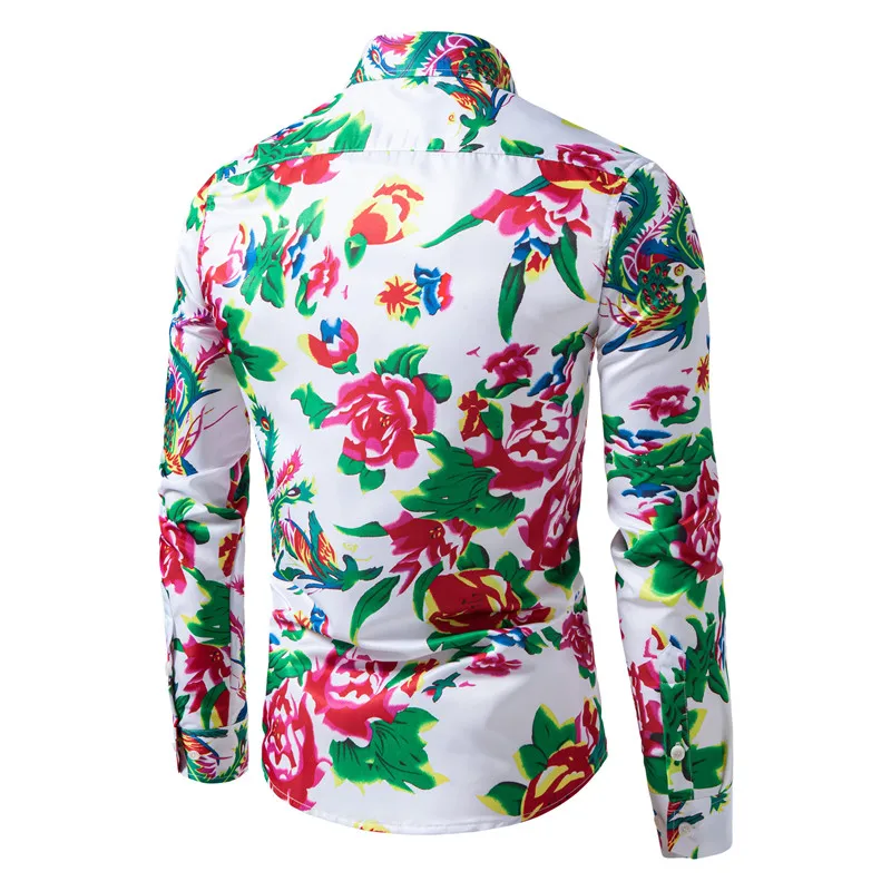 White Men Long-sleeved Printed Shirts, Square Collar Single-breasted Shirt, Fashion Casual Tops Red Green Can Be Selected Camisa