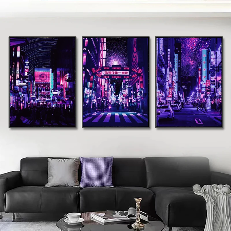 80s Neon Night City In Japan Retrowave Nissan GTR R35 Dream Tokyo Print Poster Canvas Painting Wall Art Room Home Decor No LED