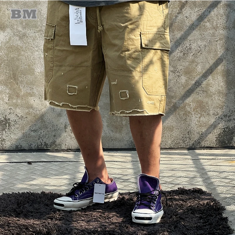 Mens Summer Heavyweight Cargo Shorts Tactical Multi Pocket Casual Ripped Patchwork Cotton Outdoor Trendy Military Short Pants