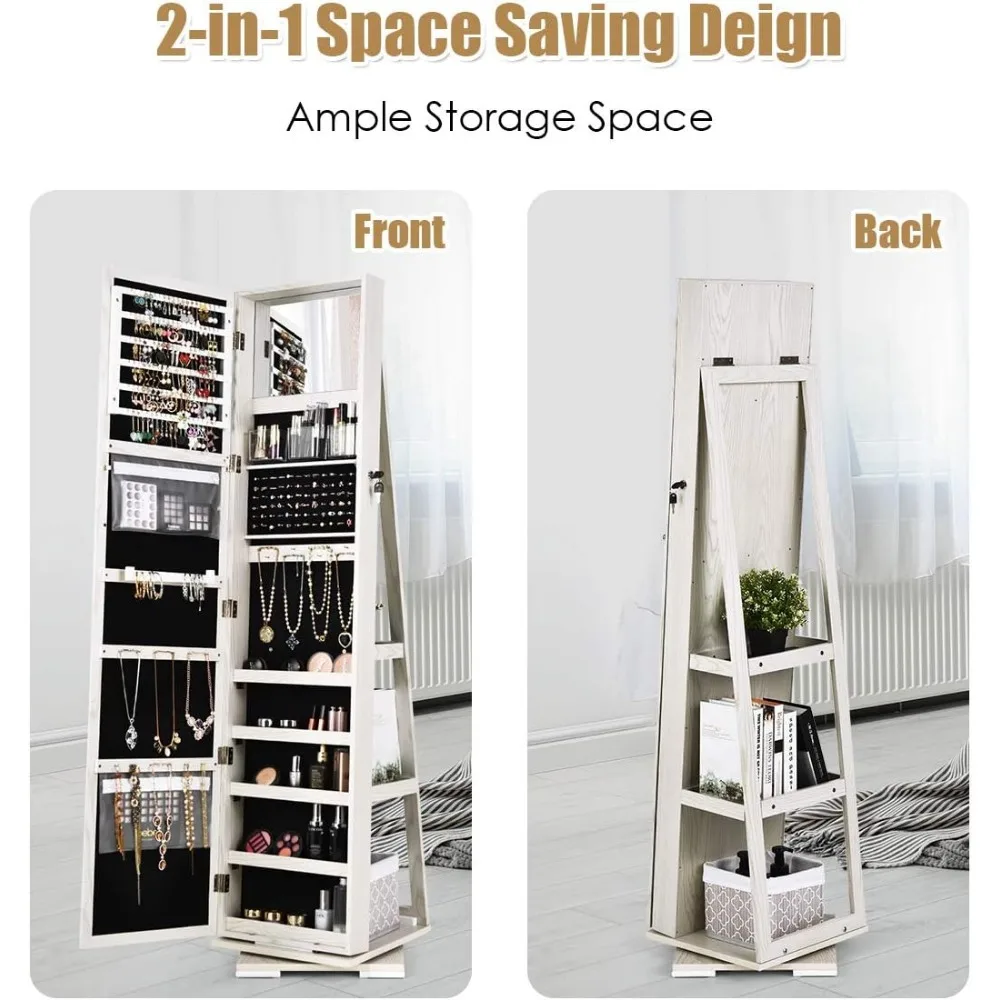 360° Swivel Jewelry Armoire with Higher Full Length Inside Makeup Mirror, Standing Lockable Cabinet Organizer