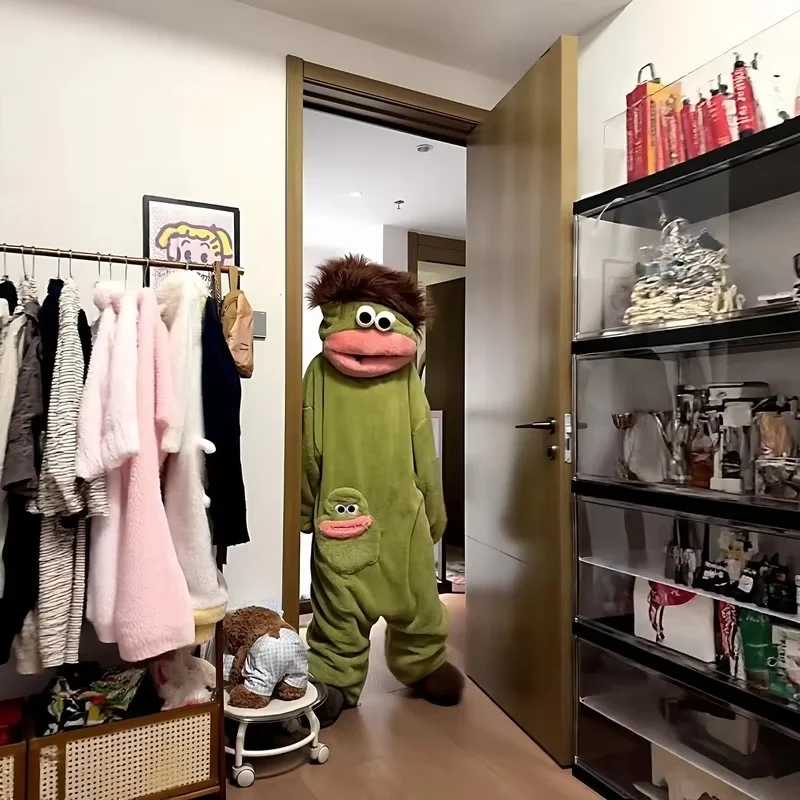 New Long Haired Sad Frog Jumpsuit Pajamas Cute Cartoon Abstract Fluffy Loungewear Homewear Sleepwear For Men Women Cozy Gift