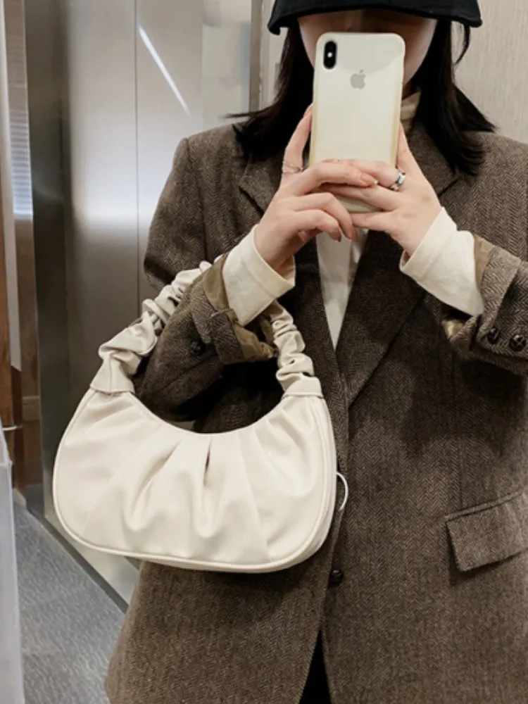 Fashion Pleated Handlebags for Women PU Cloud Bags Leisure Armpit Bag Shopping Shoulder Bags Dumpling Handbag Female Hand Bags