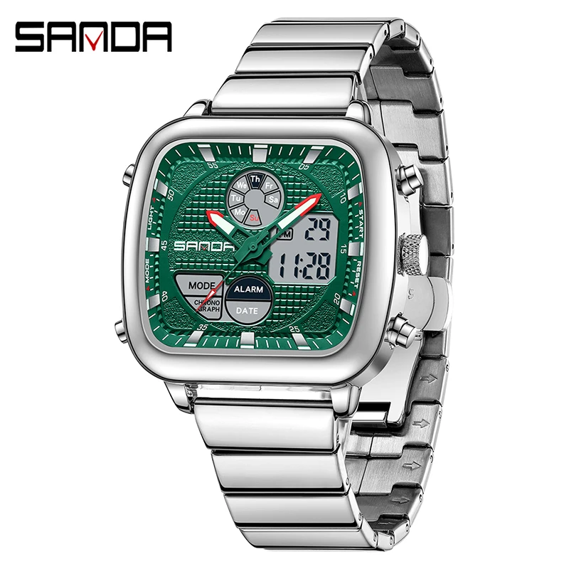 SANDA 9101 Orologi elettronici da uomo quadrante quadrato calendario luminoso cinturino in acciaio impermeabile orologio da polso digitale relojes para hombres