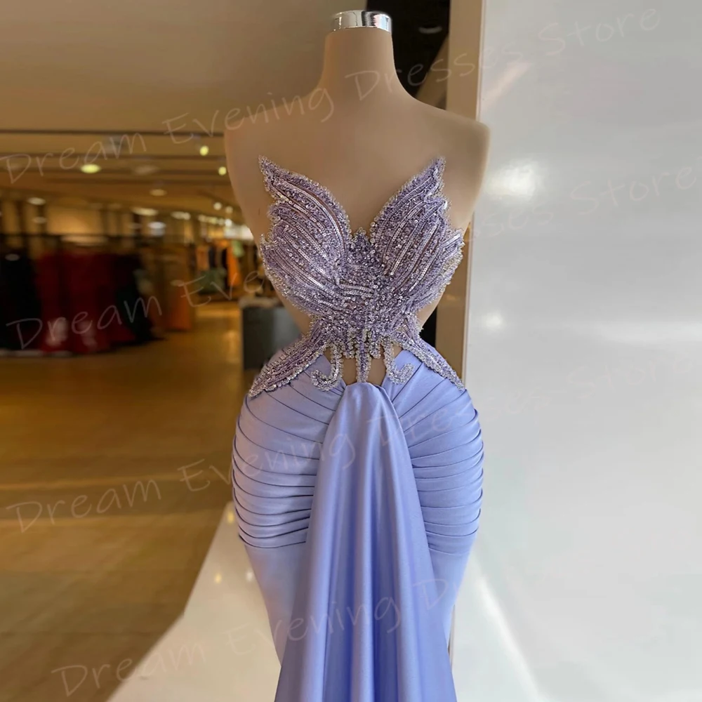 Beautiful Purple Mermaid Elegant Women's Evening Dresses Charming Strapless Beaded Prom Gowns Formal Party Pleated Abiye Elbise