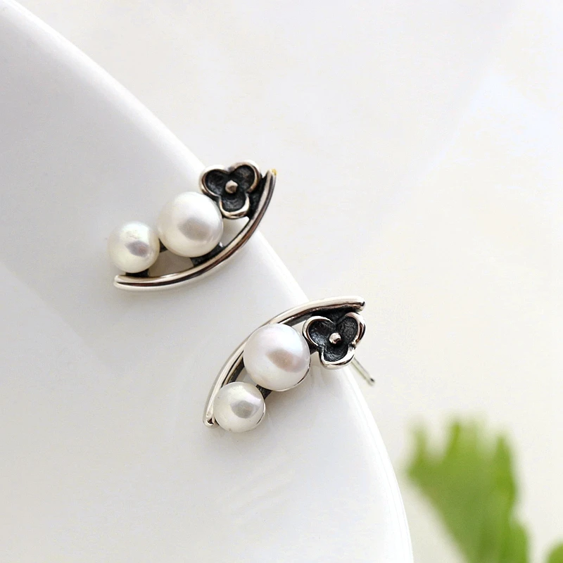 Authentic 925 Sterling Silver Lady Retro Style Earring Inlaid Natural Freshwater Pearl Earring  Fine Jewelry Gift