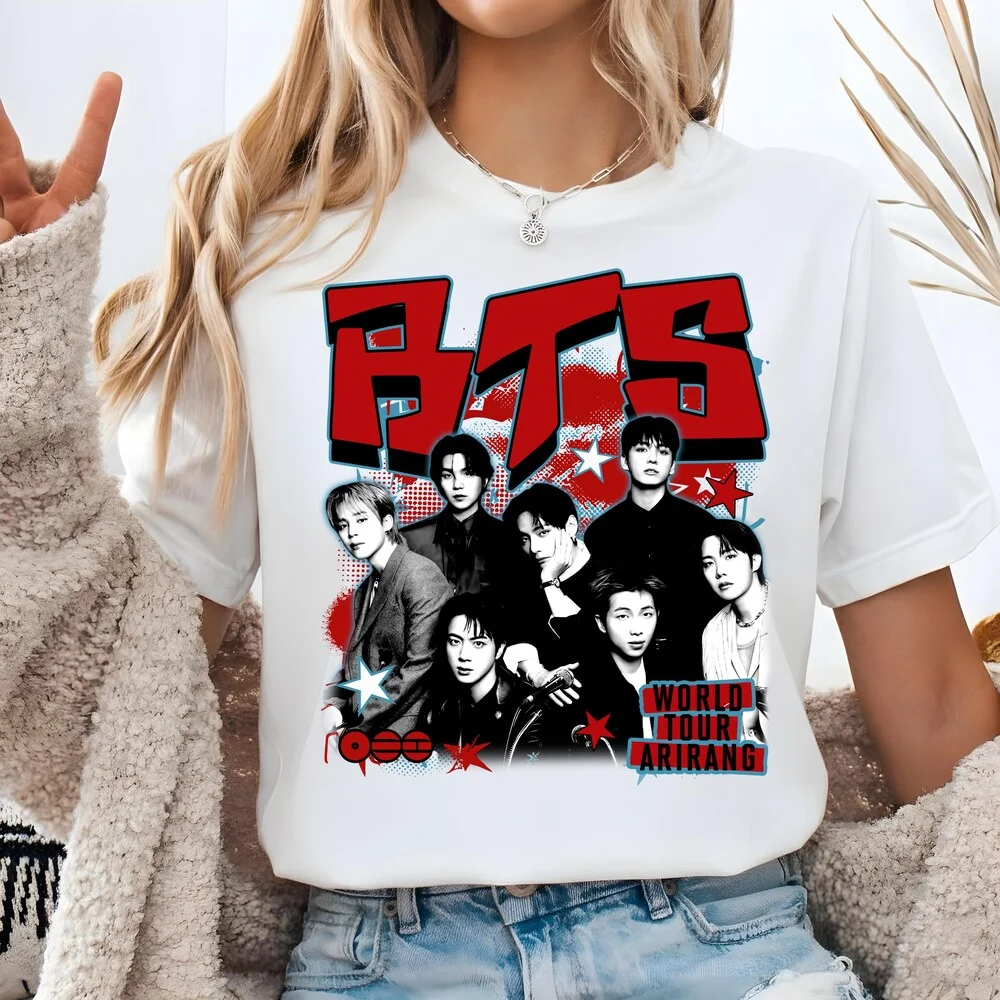 2026 BT21 Arirang Tour 2026 Double Sided T-shirt Korean Fan Cherry Blossom Graphic Tee Unisex Kpop Fans Short Sleeve Shirt
