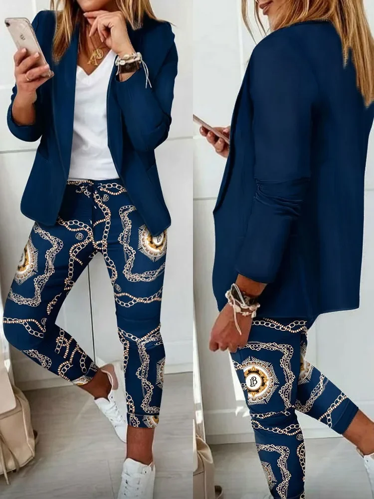 

2023 AutumnTwo Piece Sets Womens Geo Print Shawl Collar Blazer & Pants Set Outifits Fashion Tracksuits Casual Elegant Female Out