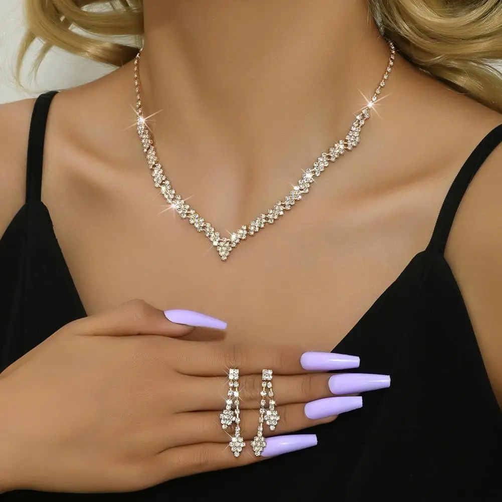 1 Set Women Necklace Earrings Set Rhinestone V-shaped Neck Jewelry Hanging Earrings Bride Wedding Prom Party Jewelry Set