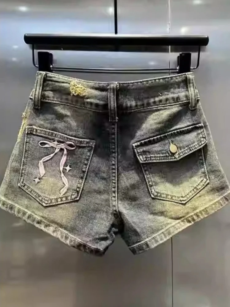 

American Vintage Blue Package Hip Jean Shorts Women Sweet Pink Bow Embroidery Denim Shorts Harajuku Sexy Low-Waisted Y2K Shorts