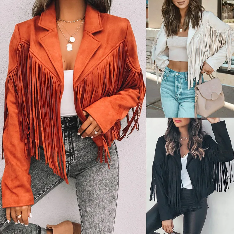 Faux Suede Leather Jackets Women Fall Fashion Fringe Jacket Tassel Motorcycle Cropped Coats Western Outfit