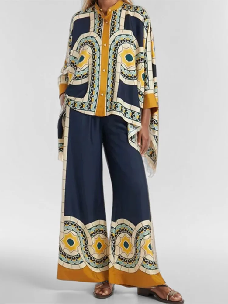 2 Piece Sets Fashion Women's Irregular Geometric Print Pants Sets Long Sleeve Shirts And Wide Leg Pants Stylish Streetwear Suit image 3