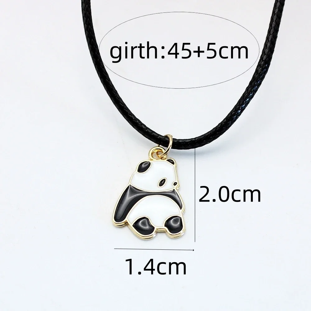 Goth Panda Short Animal Pendant Choker Chain Necklace for Women Black Leather Braid Wax Cord Halloween Jewelry Accessories