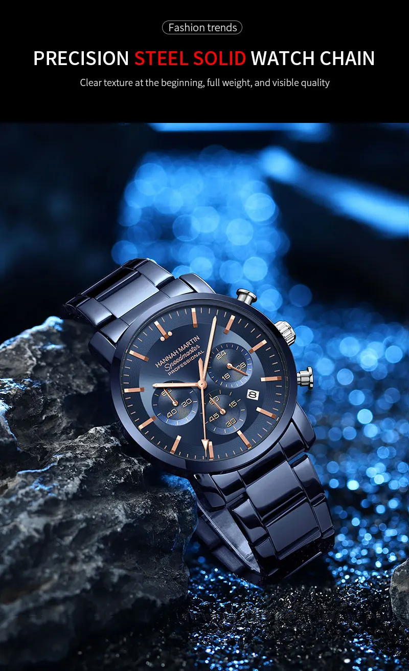2024 neue multifunktionale Uhr Hannah Martin Marke 46 mm Blau Silber Edelstahl Freizeit Quarz Timing Uhr Kostenloser Versand – Detail 9