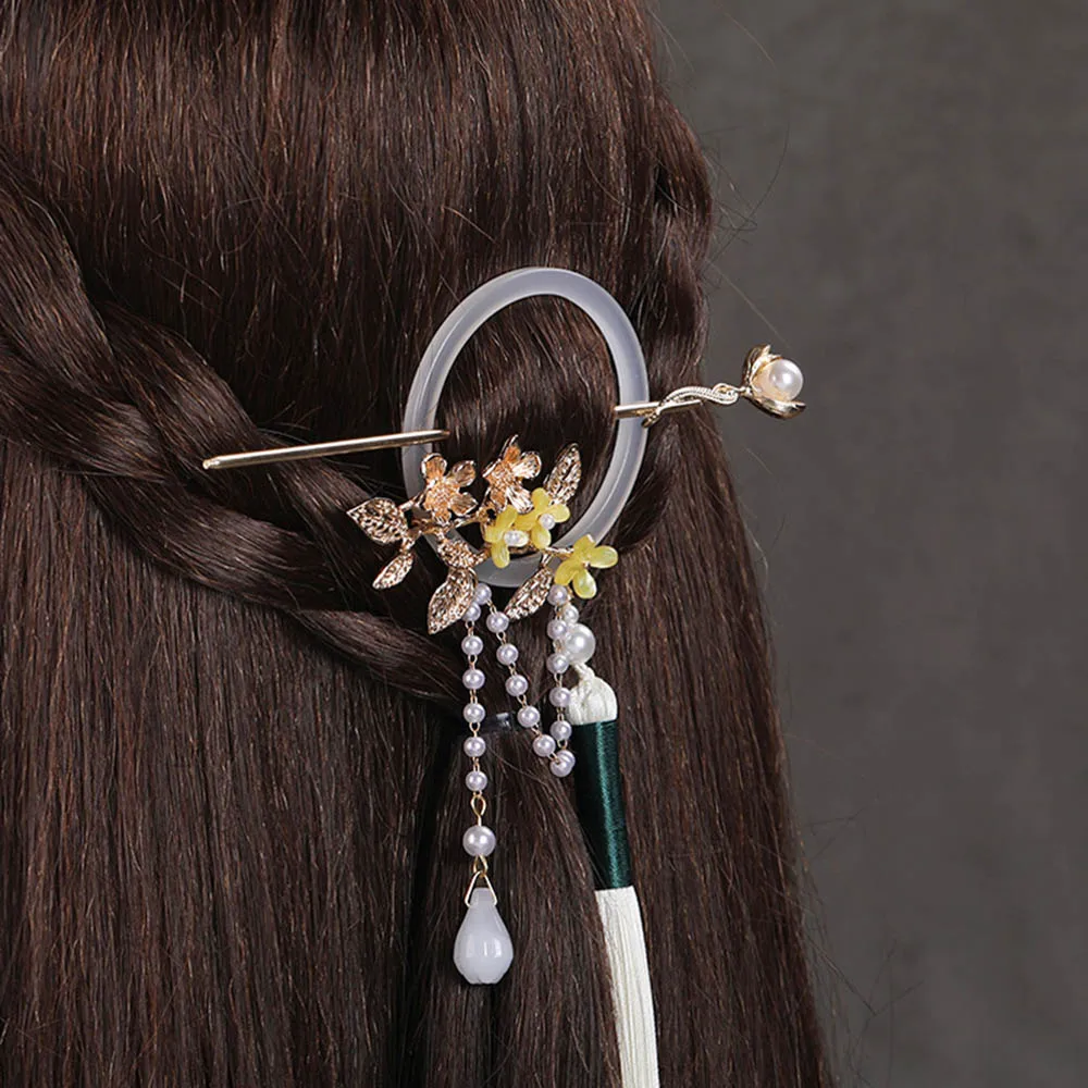 Retro Round Jade Hair Sticks Chinese Pendant Hairpins Clips Flower Pearls Headpieces for Women Girls Tassel Hair Jewelry