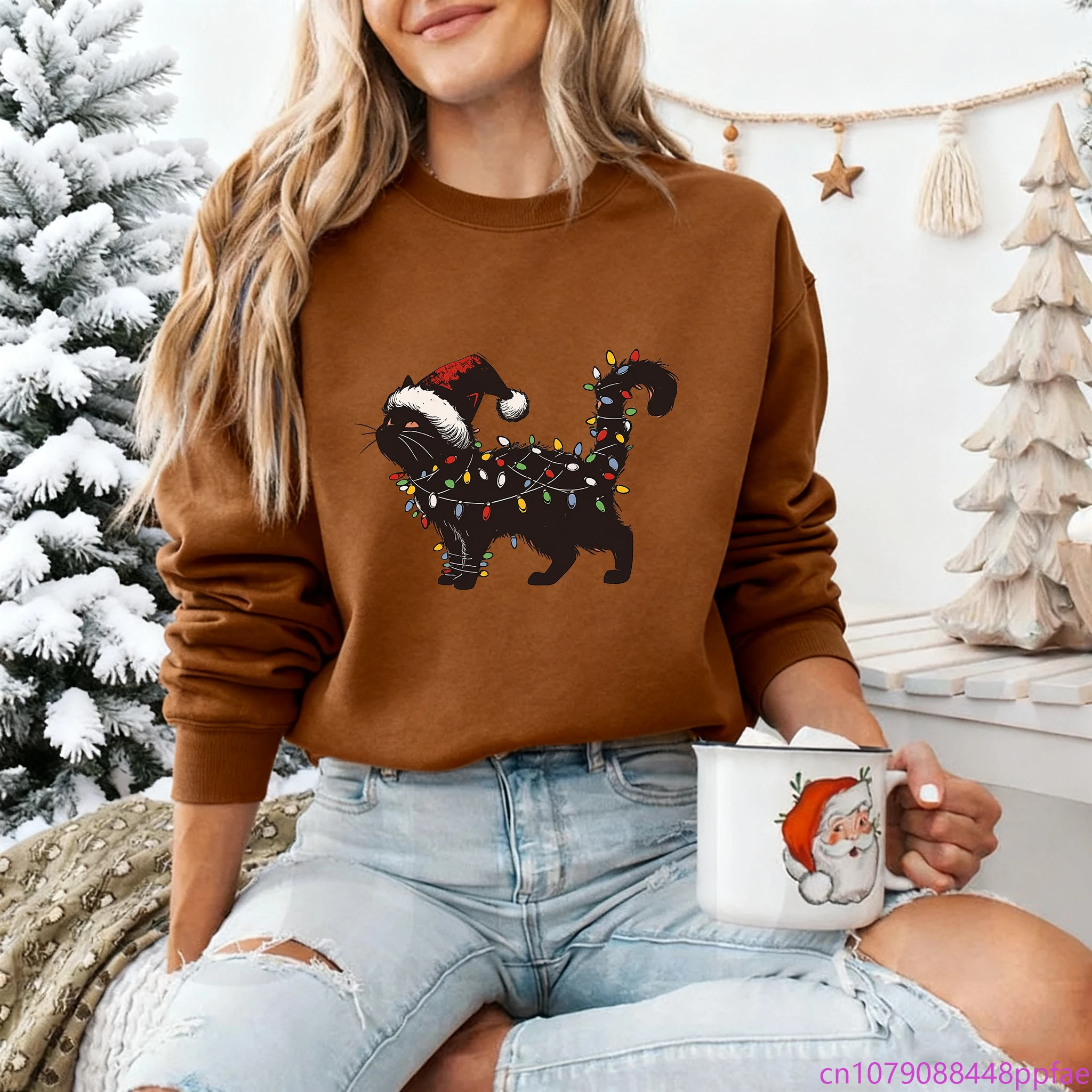 

New Women's Fashionable Christmas Black Cat Hoodie Unique Creative Christmas Women's Long-Sleeve Pullover