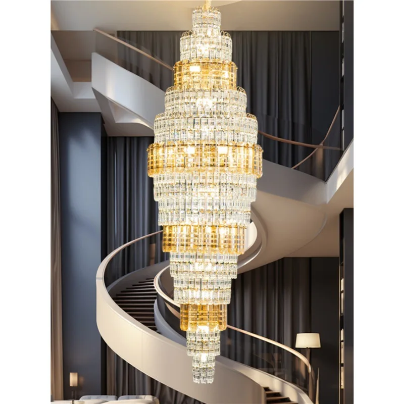 Duplex Building Staircase Chandelier Villa Hollow Middle Floor Empty And High Duplex Living Room Crystal Lamp