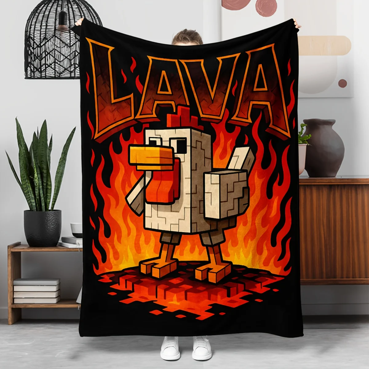 1pc Multifunctional Lava Chicken Pattern Printed Fleece Blanket, Suitable for Bed, Sofa, Office, And Camping. This Blanket Is Pe