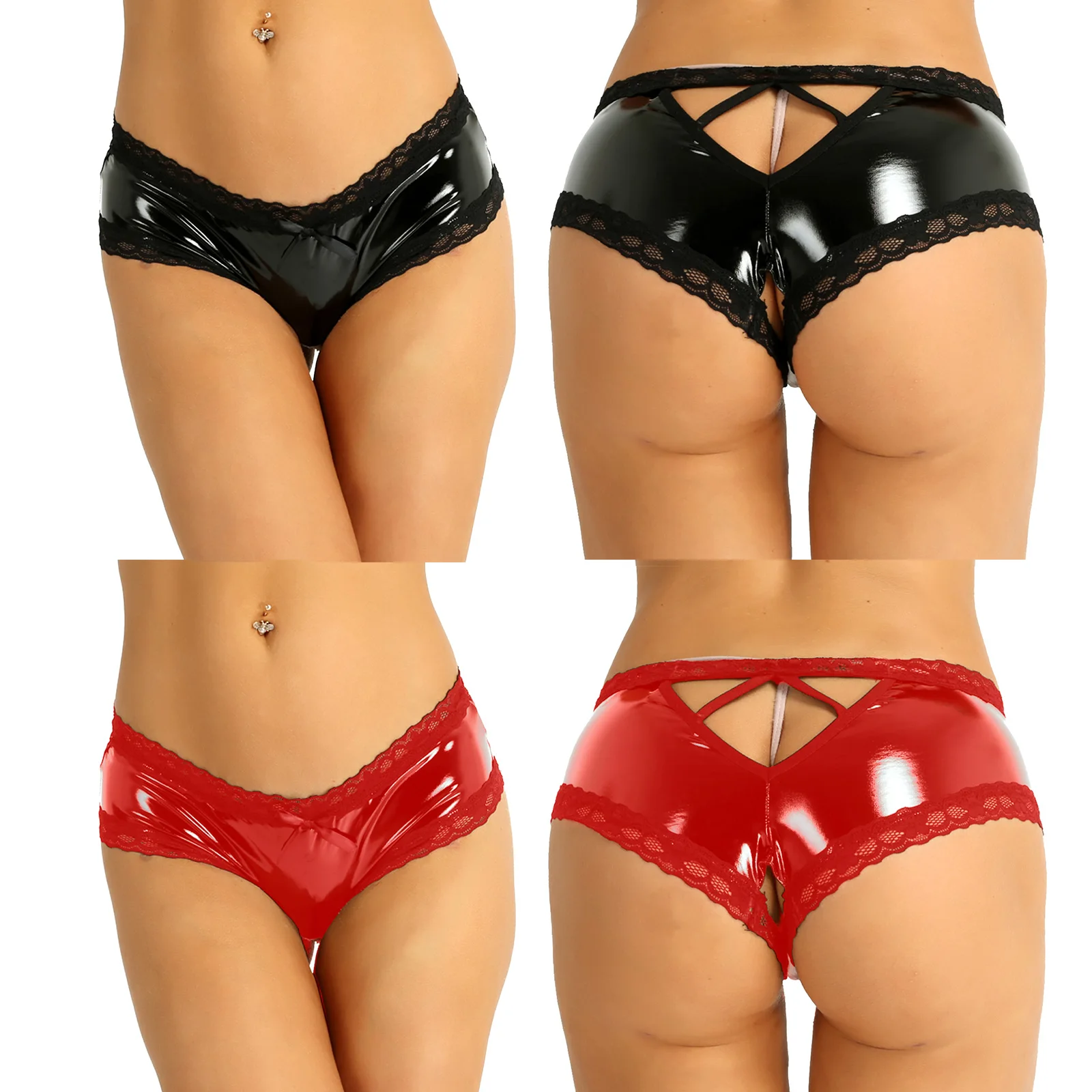 Womens Sexy Briefs Wetlook Lingerie Patent Leather Lace Open Crotch V-Back Mini Briefs Lingerie Underwear Panties Nightwear