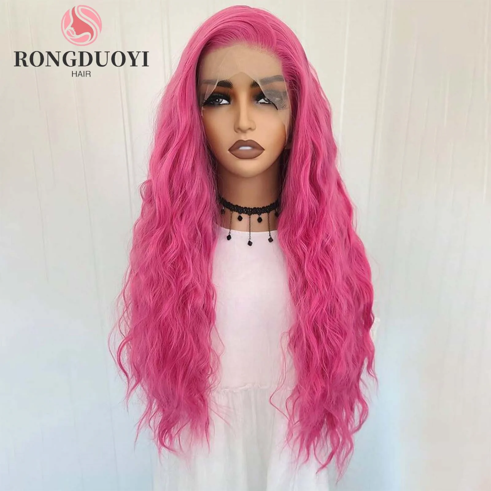 13X4 Rose Red Curly Wig Synthetic Lace Front Wig Natural Wavy Long Hot Pink Colored Hair Lace Frontal Wigs for Women Party Daily