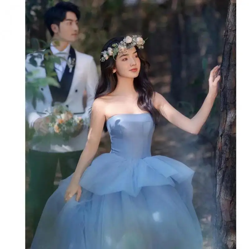 Strapless Tulle Women's Wedding Dresses Elegant Long Simple Bridal Dress With Train Elegant Blue Graduation Dresses Customized