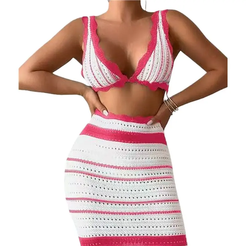 

Летние комплекты из двух предметов для женщин CYL-2: вязаные крючком юбки и полосатые бикини.
