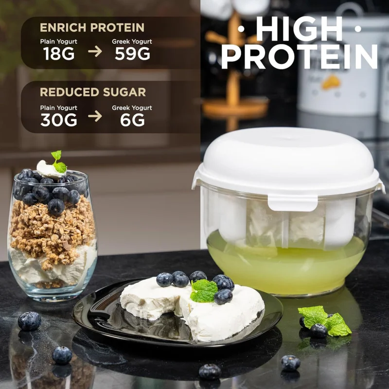 صانع الزبادي اليوناني مع مصفاة شبكية دقيقة ولوحة ضغط قابلة للفصل، مزدوجة كحاوية تخزين بغطاء - مثالية للصنع #6