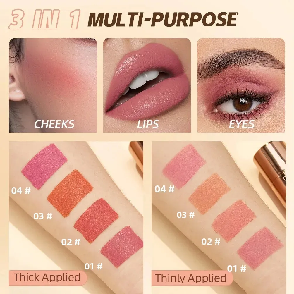 Blush creme multiuso em bastão, 6 cores, à prova d'água, maquiagem misturável de longa duração para mulheres, bochecha, lábios, olhos, produto cosmético