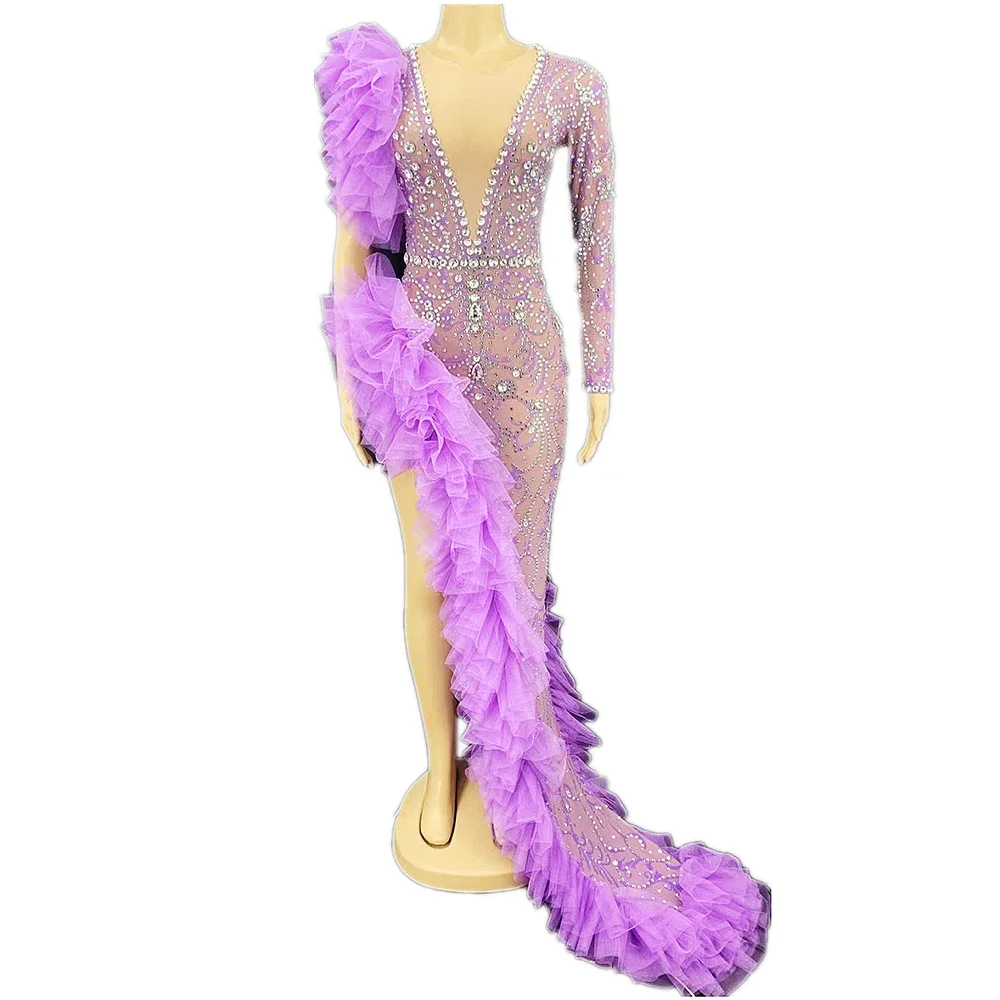 Fashion Sexy Purple Women Shining Dress Rhinestones Sequins Evening Club Stage Costume Festival Rave Wear Drag Queen Outfits