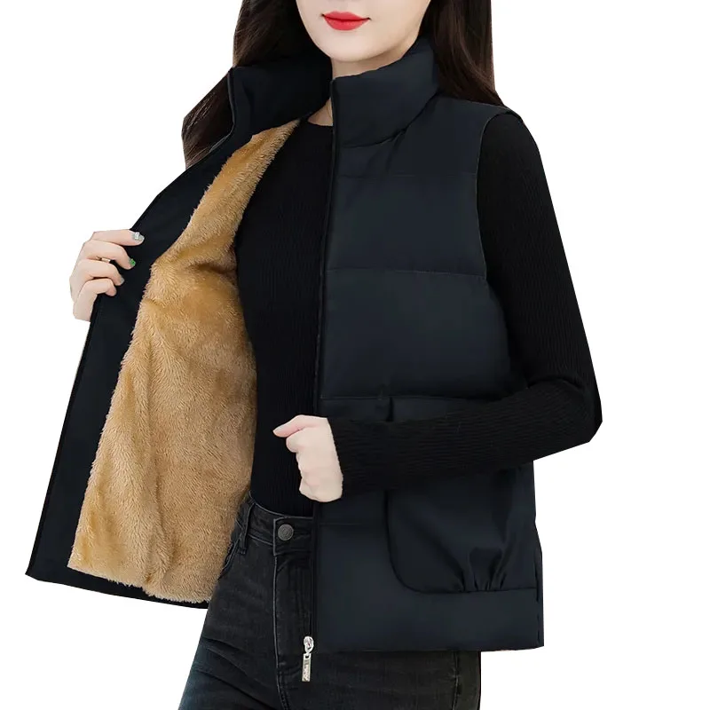 

Loose Slim Korean Outdoor Add Velvet Thick Down Cotton Stand Up Collar Vest jJacket For Women Cotton Vests Waistcoat