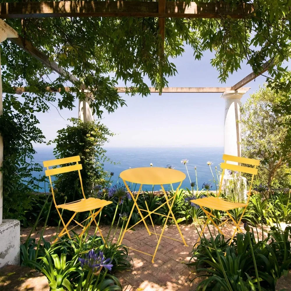 طقم بيسترو مكون من 3 قطع، طقم أثاث خارجي قابل للطي مع إطار فولاذي ممتاز، تصميم محمول للبيسترو والشرفة، أصفر #2