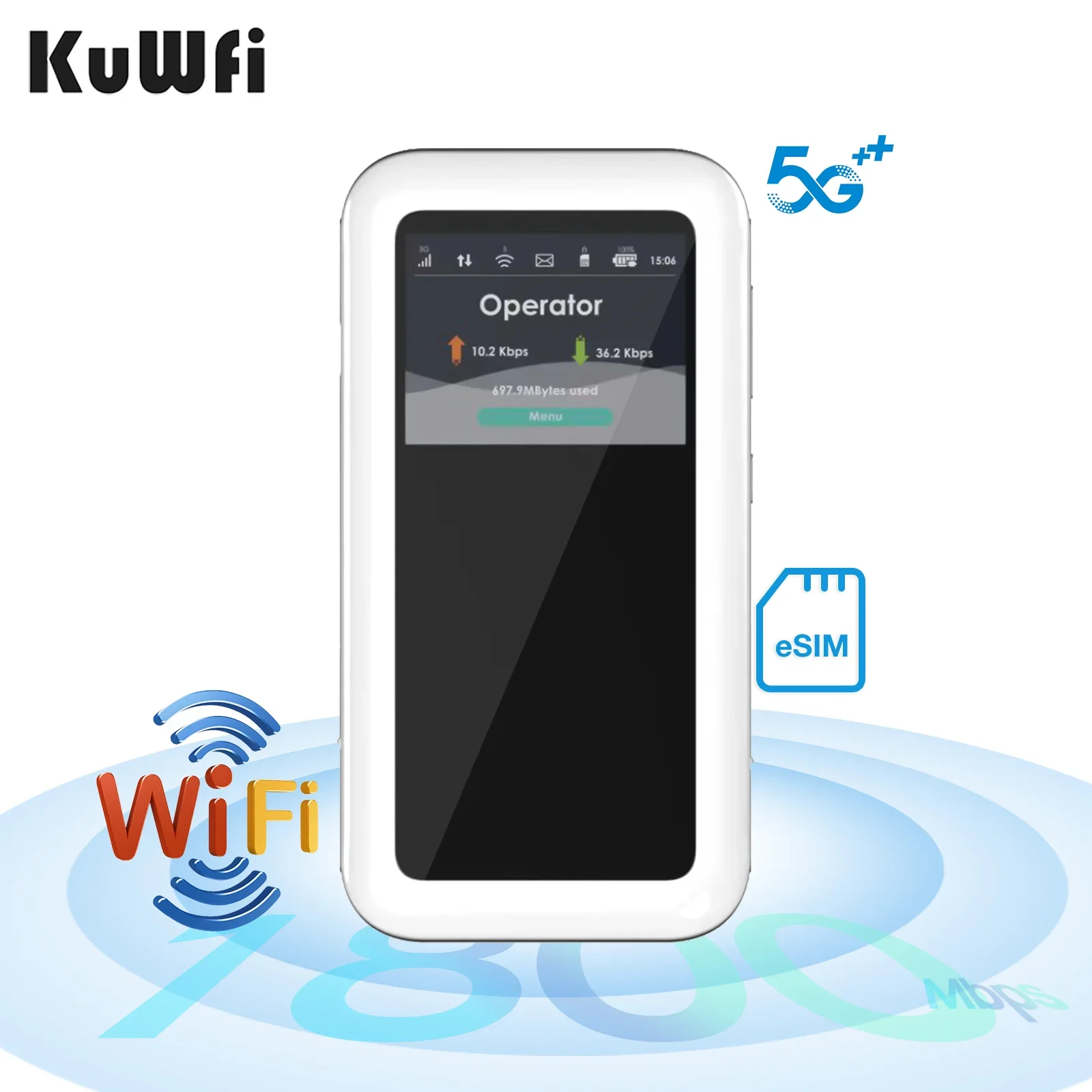 KuWFi M46-e AX1800 5G E-Sim راوتر محمول بسرعة 1800 ميجابت في الثانية عالي الأداء بطارية متنقلة 4500 Mah 5G راوتر واي فاي صغير