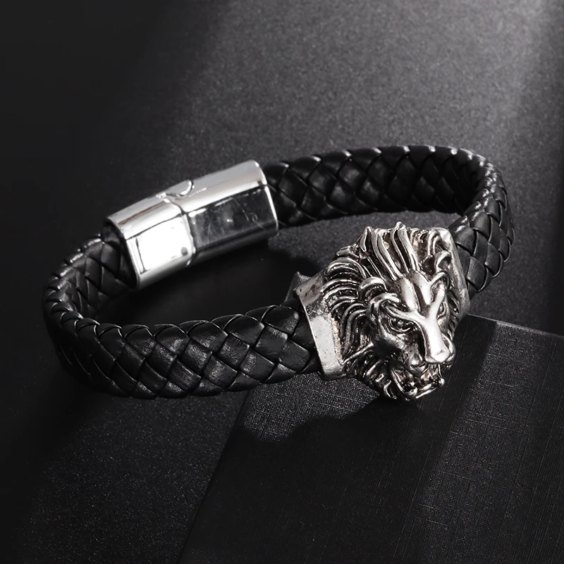 Exquisite and Domineering Hip-Hop Leather Braided Stainless Steel Lion Head Bracelet Men\'s Charming Trendy Riding Party Bracelet