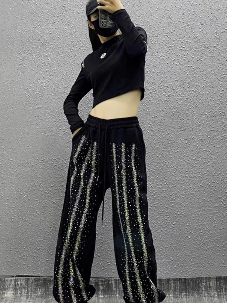 

Hot Diamond Fleece Sports Casual Pants for Women Autumn and Winter New High-waisted Loose Versatile black Pants Street Hipster