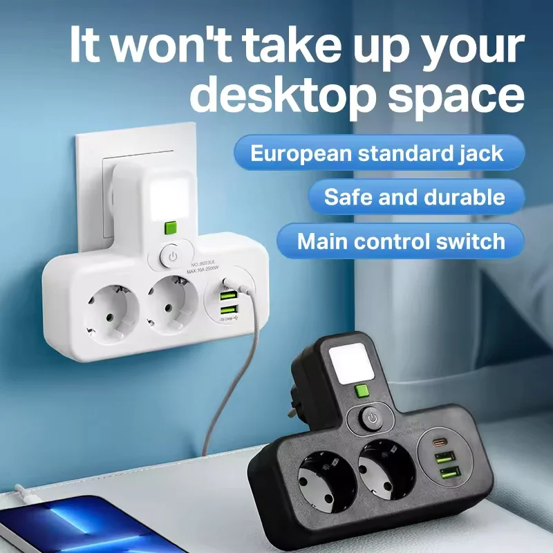 EU plug power board, multi plug adapter, wall socket with 2 AC sockets, 3 USB ports (1 Type-C), independent night light switch