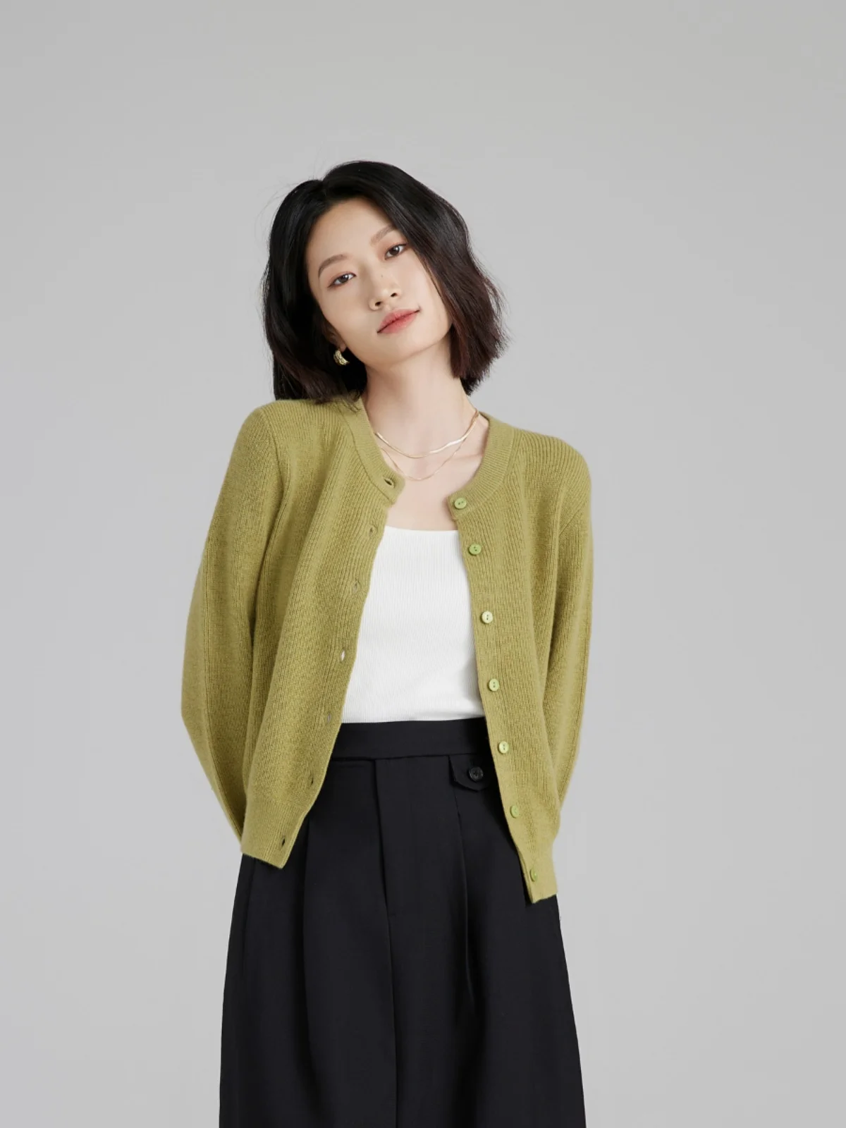 

IUMOON 00% Wool Avocado Knitted Open Cardigan Women's Low round Ne Single Button Color Long Sve Autumn Winter Swe...