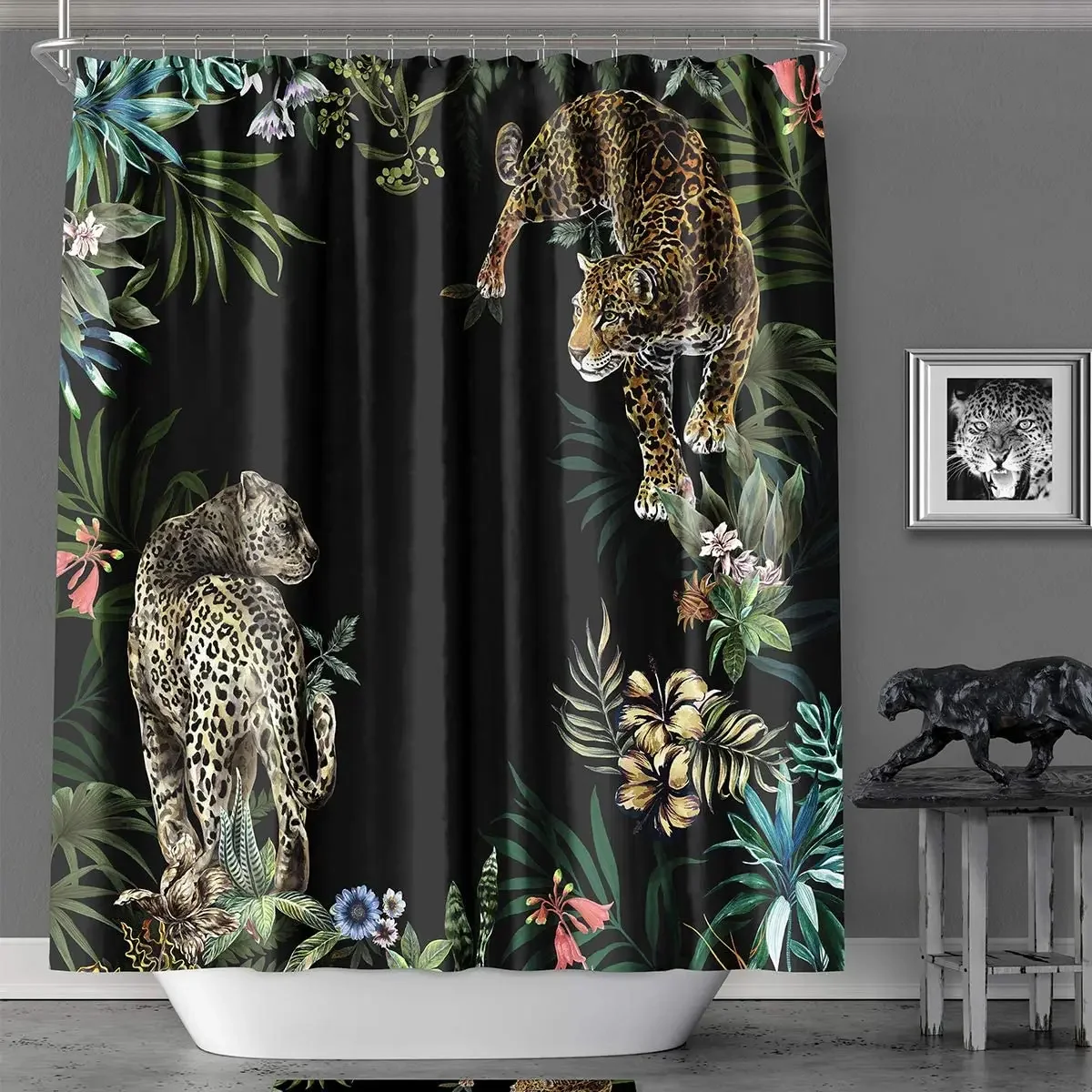 Animal Print Leopard Set Hooks Included Tropical Safari Black Fabric Bathroom Shower Curtain