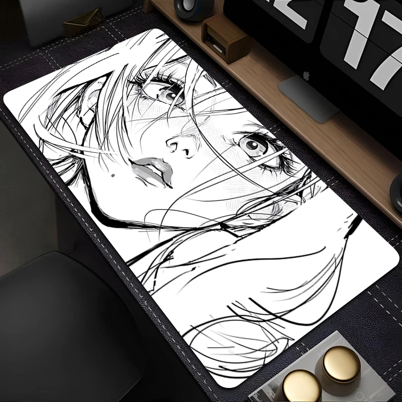 Mouse Pad Black And White Anime Girl Mousepad Office PC Kawaii Gamer Cabinet Keyboard Rug Laptop Gaming Accessories XXL Desk Mat