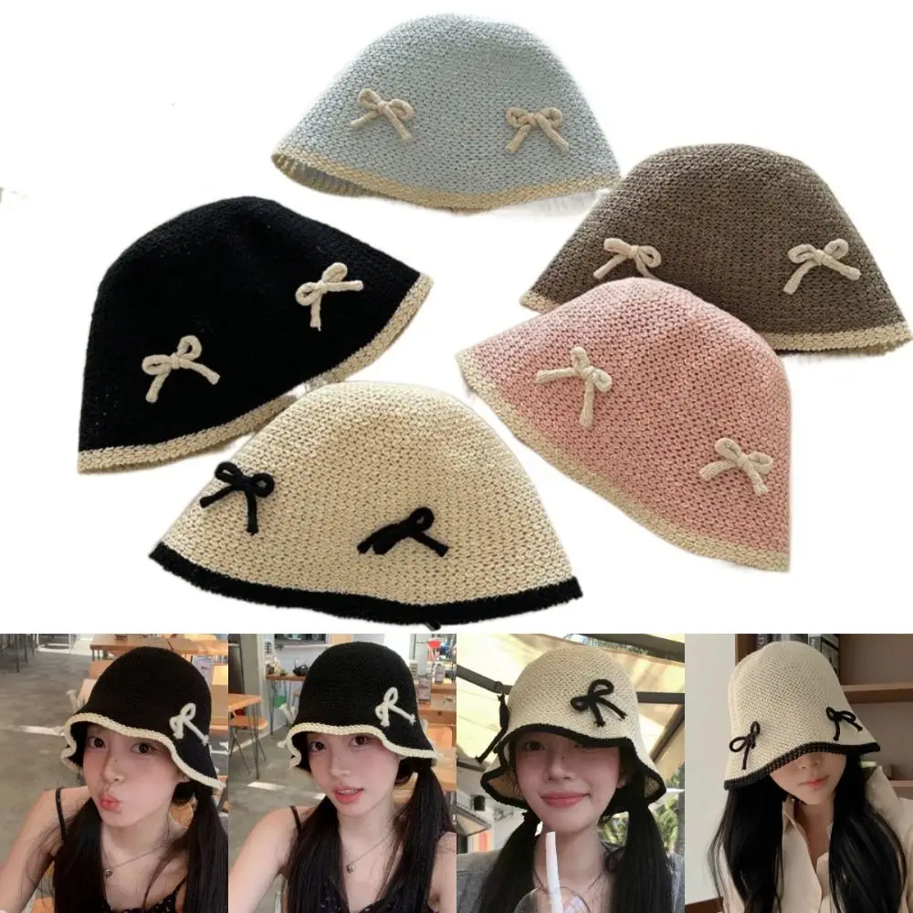 

Cute Bow Fisherman Hat Breathable Knitted Sunshade Caps Face Showing Small Thin Style Basin Hat Women's