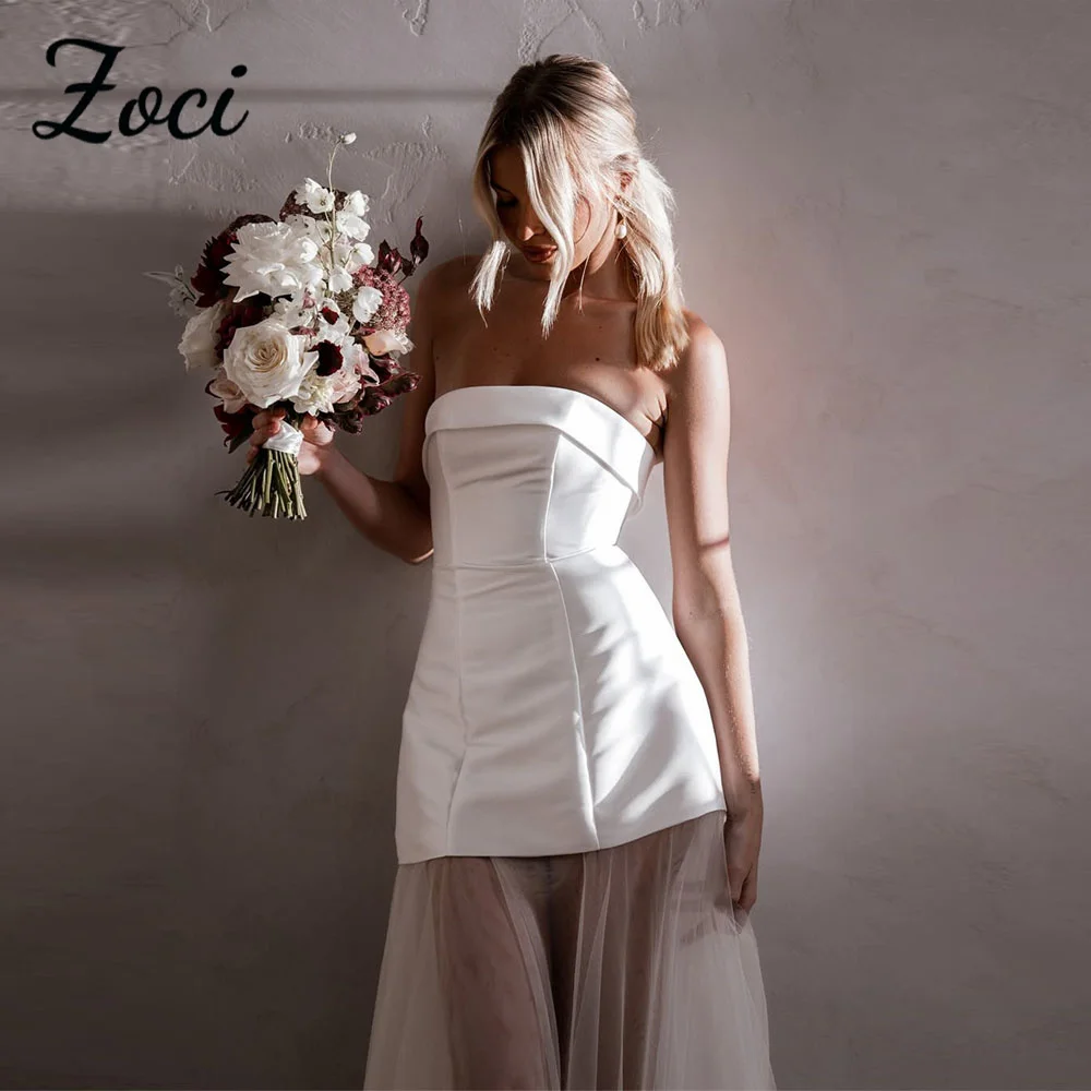 

Zoci Elegant Strapless Wedding Dresses Satin Tulle A Line Sleeveless Bride Dress Customized Backless Beach Boho Wedding Gown