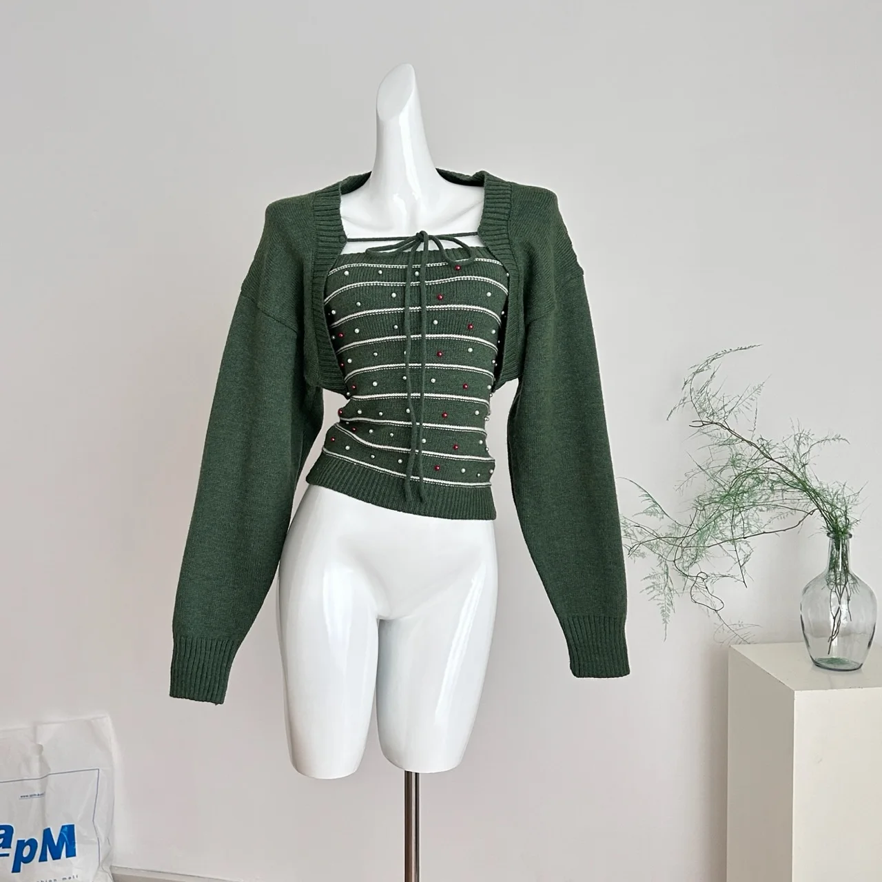 

Retro Aosphere Knitted Beading Sweater Cardigan Set Women's Autumn Winter Striped Tube Crop Top Vest Two-Piece Set F528