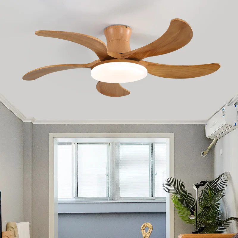 Nordic wood color LED fan light dining room living room ceiling fan light home bedroom ultra-thin fan chandelier