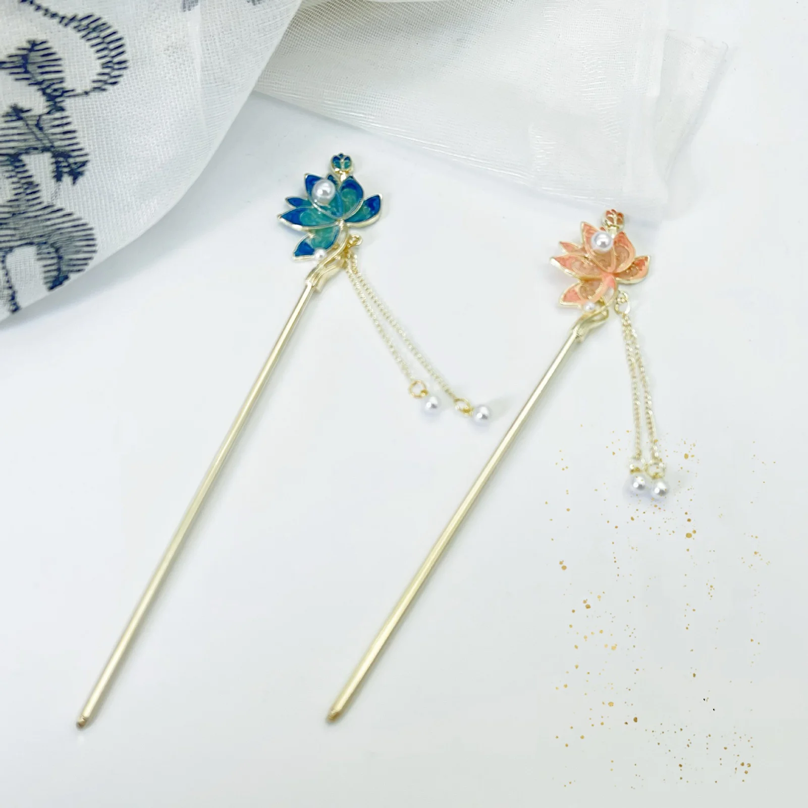 Novo estilo chinês liga varas de cabelo garfos flor de lótus decoração pérolas corrente pingente grampos de cabelo feminino meninas fabricante de coque de cabelo jóias