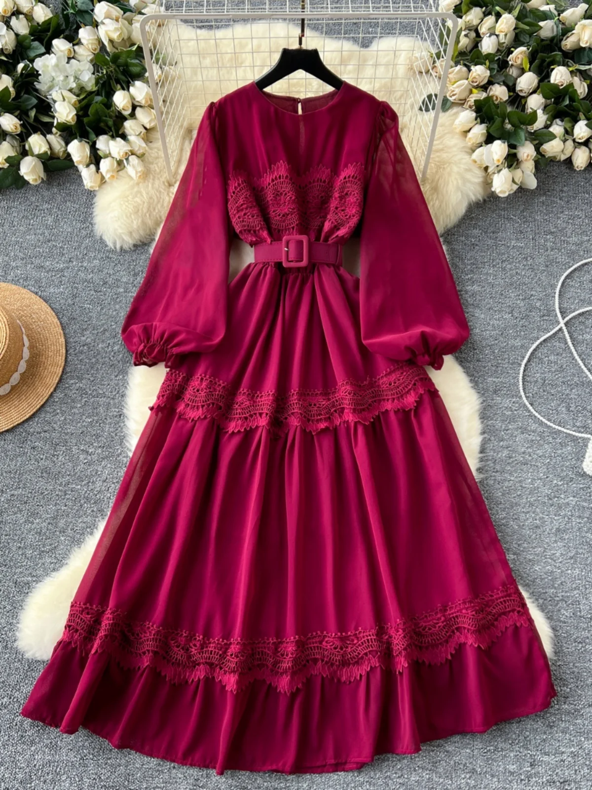 Ele Lace Splicing Lantern Sve Long Dr Women's New Sle High Waist A-Line Skirt Korean Version Autumn Winter Faion